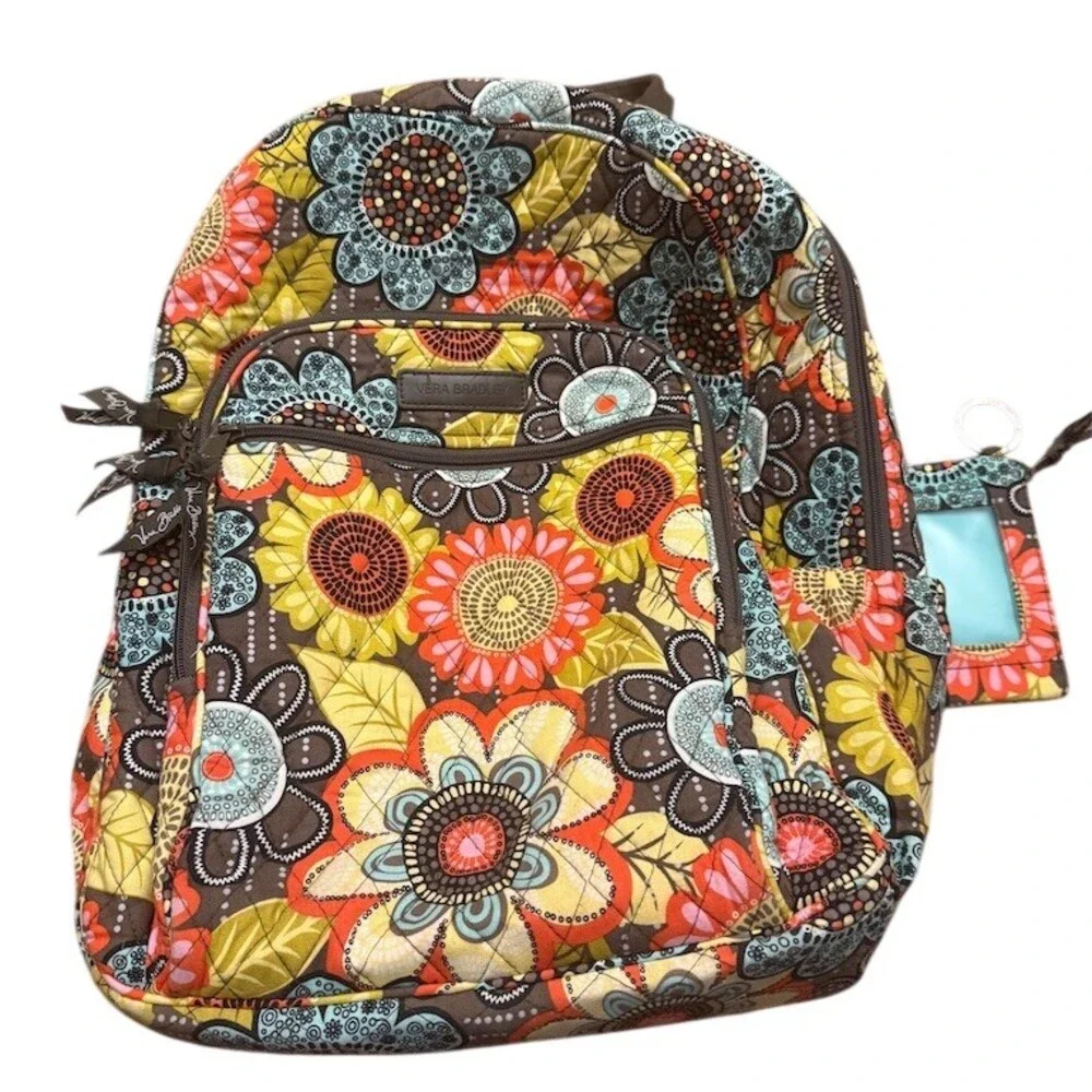 Vera Bradley Backpack Womens Large Brown Floral Quilted + ID Zip Wallet